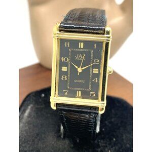 Jaz Paris Women's Watch Q3CP93 Quartz Tank Vintage Black Dial Gold Leather Band